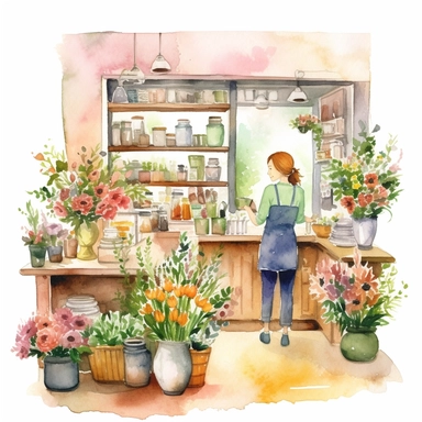 Clipart, watercolor, white background: A flower shop with a friendly florist arranging a beautiful bouquet behind the counter, ready to assist customers with their floral needs.