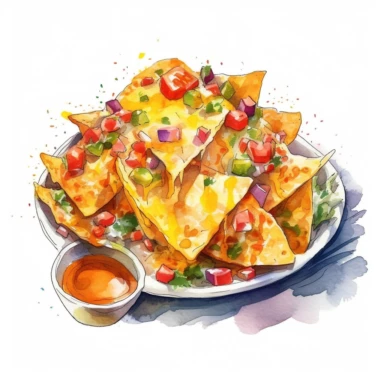 realistic watercolor clipart image, nachos with cheese, white background