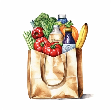 watercolor detailed illustration of Grocery bag with a variety of groceries peeking out, clipart, white background
