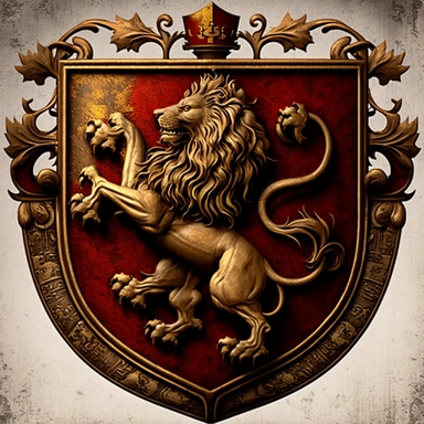 medieval coat of arms, ornate, large, rampant lion, fantasy, clipart style