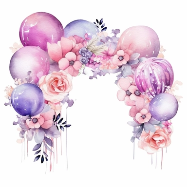 clipart, watercolor, detailed, realistic. balloon arch for baby shower girl, pink and lilac balloons, flowers, light tone, PASTEL. white baCKGROUND