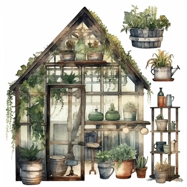 watercolor greenhouse elements clipart, moody colors, sublimation style