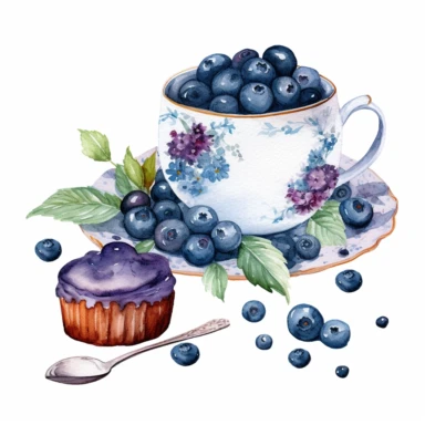 high quality blueberry clipart on insolated white background, watercolor classic style, detailed, flatlay, outlined, vintage mood, teacup with blueberry, teapot, pie with blueberry, blueberry brushes, blueberries, high resolution, cozy objects