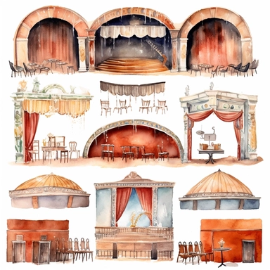 watercolor 1910s 1920s 1930s 1940s theatre stage, illustrations clipart set, simple, , cartoon elements ,different variants ,shows,separate elements with a margin