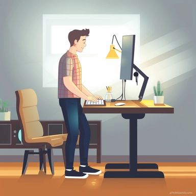 a male individual, working with a computer, standing desk, home office, healthy lifestyle, productivity, ergonomic setup, modern workspace, active break, balance, focused and determined, accent lighting, clipart, Illustration