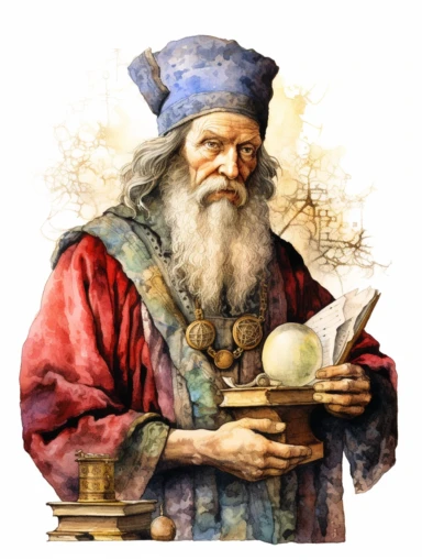Peter Flotner creates woodcut watercolor synesthesia of the renaissance merchant, clipart, hd, on white background