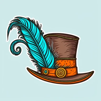 funny musketeer hat painted in doodle style, big feather, simple, vector clipart
