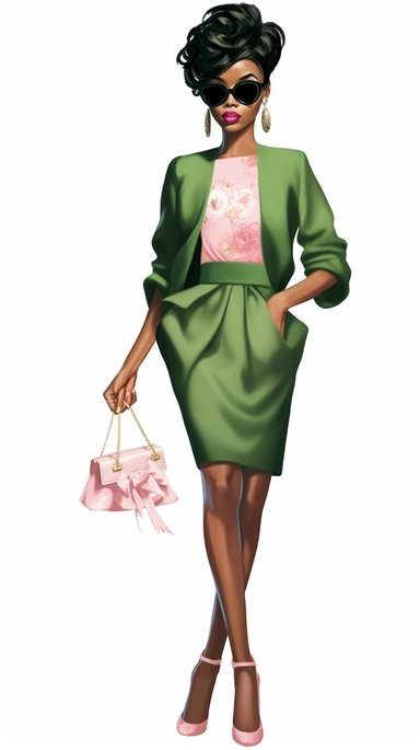 Faceless clipart, Boss girl clipart, Fashion illustration, African American clipart, Look Clipart, Fashion clipart, Black woman clipart, pink and green toned, royal, cartoon, painting
