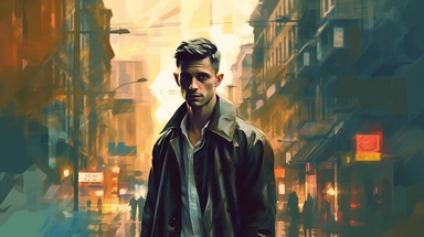 beautiful stunning pretty vintage bladerunner young man, paint art style, clipart, city landscape background, superrealistic, one of a kind