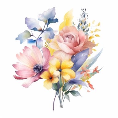 watercolor summer flower group for corner of invitation, clipart isolated on clear white background, soft colors, boho, lithograph, 32k uhd, textural