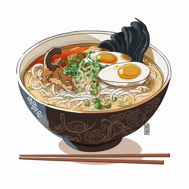 an bowl of japanese ramen, anime art, authentic ramen, white background, clipart