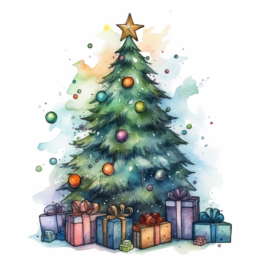 watercolor, Christmas tree decorated with stars and gifts - Clip art of a decorated Christmas tree or evergreen. png Full body realistic cartoon in 32K UHD cute. 15 cm thick outline. Black color. There was no shadow on the ground. 8k with realistic watercolors. and detailed illustrations. PNG clipart, transparent white background