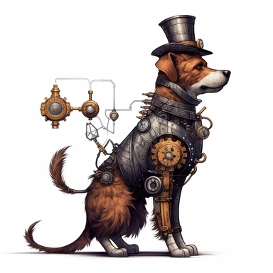 steampunk dog prototype, full body, watercolor, gears, pinions, calipers, clocks, rivets, top hat, clipart, duo tone, realistic, ultra resolution, vivid detail, 8k, minimal watercolors, white background