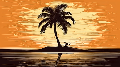 Clipart style, single coconut tree, silhouetted against a setting sun on a serene beach, simplistic line art for tree and beach elements, hatching for the tree bark and coconut textures, stippling for the sandy beach and the shimmering ocean