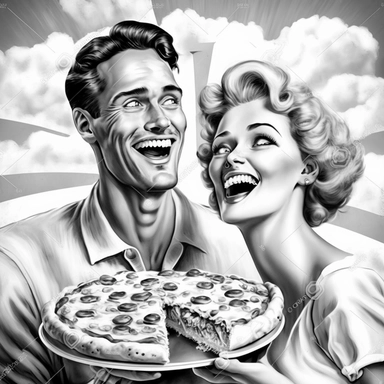 a egocentric and euphoric couple laughing hard, eating pizza, looking to the camera,realistic photo in style of 1950`s, black and white clipart