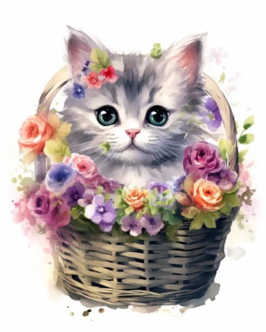detailed watercolor Kitten in basket with flowers on head , realistic, isolated on a white background, clipart