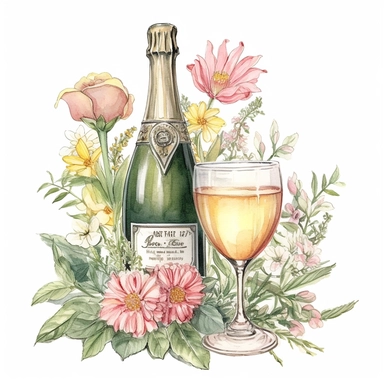 watercolor and ink styling, boho florals with champagne bottle and glasses in sage and blush tones, clipart on plain white background, garden vibes, super high detail ultra precision 16k HD, clean crisp brushwork, painted by Beatrix Potter