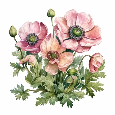 Bouquete of pink anemones with greenery and buds, isolated on the white background in the style of Billy Showell, watercolor illustration, highly detailed, very sharp detailed image, clipart, hd