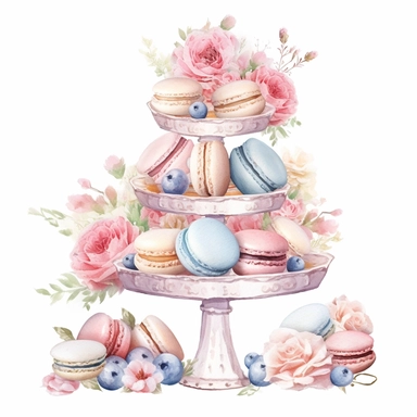 Clipart, Watercolor, Blush Floral Shabby Chic Tier Candy Tray with Sweets, Macarrons, Cakes and Cupcakes, light colors, hand-draw, texture