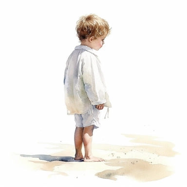 charming, beautifull little boy in white clothes stand on the beach, watercolor by mary whyte, romantism, clear line, white solid background, clipart, side or back view