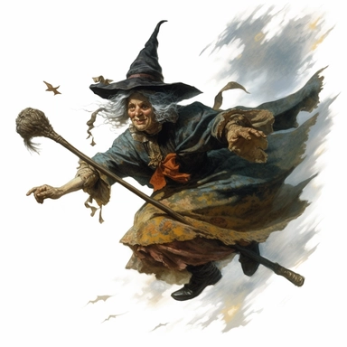 a clip art on white background in the style of Bob Byerley of an old woodland witch with a flying broom