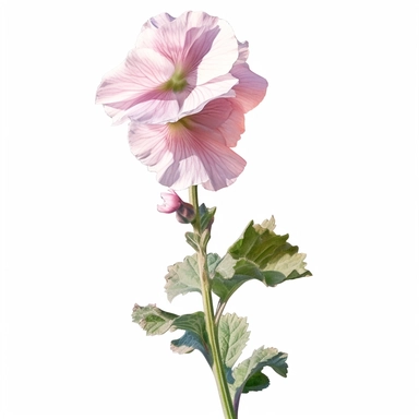 light hollyhock flower with stem clipart done in oil paint on white background