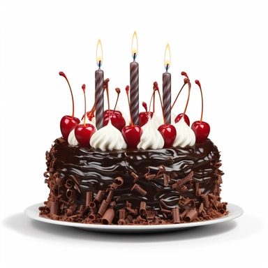 Create a clipart image of a black forest cake with small-sized perfectly aligned candles. Show a chocolate cake with evenly layered whipped cream and cherries, garnished with chocolate shavings, and small-sized symmetrically placed candles for a visually pleasing birthday presentation.
