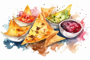 4 watercolor nachos clipart, HD, isolated white background, spaced out