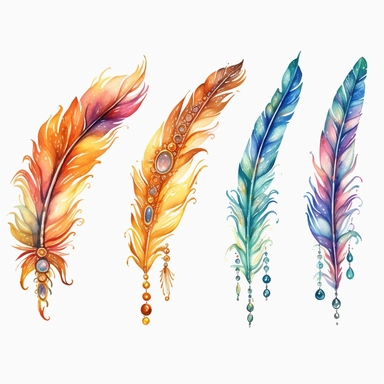 a feathered and beaded divider clipart, watercolor, firm outline
