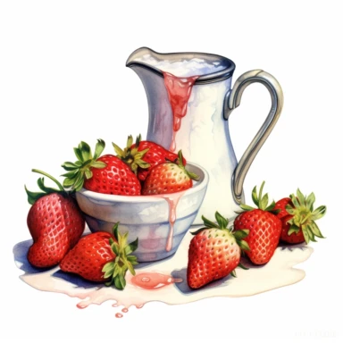 realistic high detailed watercolor strawberries and a jug of milk clipart, white background,