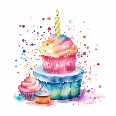 Watercolor, colorful birthday cake and cupcakes, confetti, vector clipart, white background