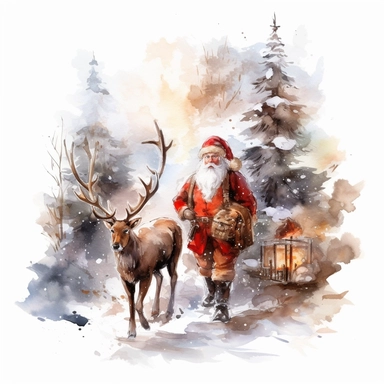 Clipart on white backgraund Santa Claus with a Christmas deer in a snowy forest water color