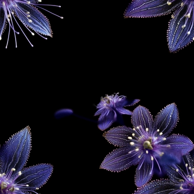 Purple borage flowers as a clipart with black background. A masterfully crafted digital artwork that explores the beauty and intricacy of purple borage flowers. The composition offers a close-up perspective, allowing the viewer to marvel at the delicate details of each petal and the unique patterns they create. Soft lighting highlights the vibrant purple tones, evoking a sense of tranquility and serenity. The artwork exhibits a contemporary realism style with a touch of impressionism, reminiscen