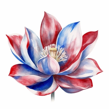 watercolor lotus flowers, red white and blue, union jack, great britain, clipart, white background,