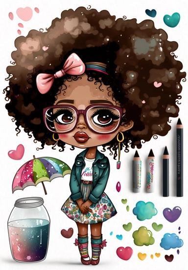 2d watercolor clipart kawaii, spring, april, character of beautiful african american woman, Intricately rendered dark Skinned woman, full body portrait, intricately rendered, 8k, short thick curls brown hair, sparkles, generously detailed, hyper realistic, digital, long rainbow eye lashes, beautiful retro comic urban chick, smart, books, nerdy, glasses, 4k,