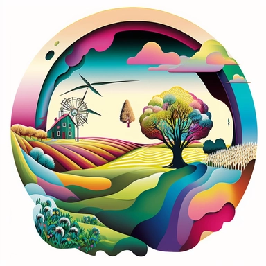 psychedelic farmland, art nouveau, bright colours, clipart, centred, white background