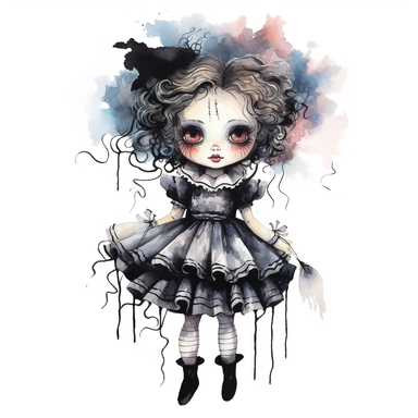 mystical dark scary watecolor evil doll clipart, full body, hd 4k, detailed, focused, isolated on white background