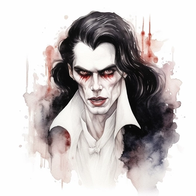 watercolor, mystic, gothic, dark guy dracula with fangs, very detailed, clipart, white background, black