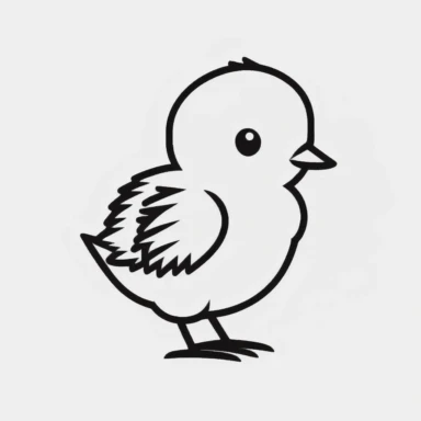 Simple outline of a baby Chicken, kids cartoon, minimalist, black on white, lineart, 2d flat file, silhouette, clipart, uninterrupted outline as in an svg, perfect outline corners, make it an outline svg and fill color white, exact outline, the line should not be thickened, the line should not be thicker or thinner, the outline of the line should be thin, maximum 1 millimetre.