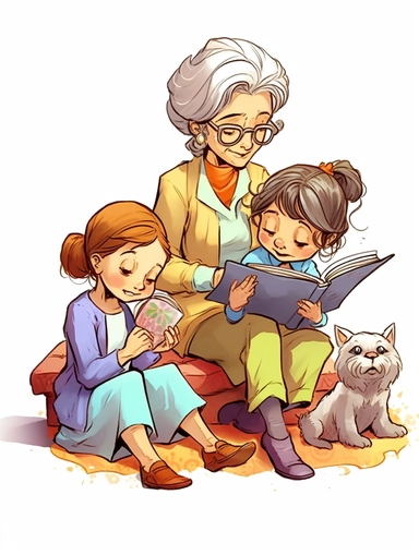 girl, 8 years old, reading a book, and girl, 6 years old, coloring on the floor and woman, 30 years old sewing, clipart style