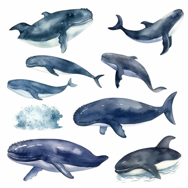 Watercolor whale, illustrations clipart set, simple , cartoon elements, different variants ,d ifferent poses, different species separate elements with a margin