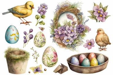 easter items clipart set isolated on white. Watercolor easter concept illustration set. Easter themed design on a white background, watercolor, hyperrealism, high detail, separate elements, set