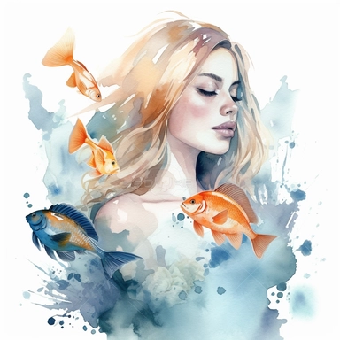 watercolour clipart beautiful woman with two fish. Watercolor effect. The clipart should be of the highest quality, with great detail, clear outlines and lines, gentle pastel colors, and should be elegant and beautiful, white background, without watermarks