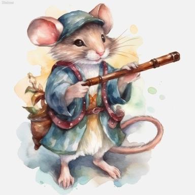adorable Mouse playing the clarinet, watercolor clipart fantasy magic, old-world clipart