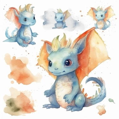 watercolor cute baby dragon clipart full body, flying and sitting, simplistic, charming sketches, warm color palette, hand painted, white background