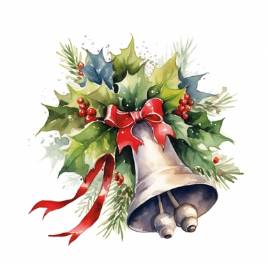 Christmas Bells Clipart, lateral view, clipart, transparent background, clear background, green leaves, high resolution, watercolor, vector, 12k, 300 dpi, 12: 12 ratio