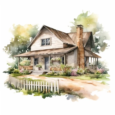 elegant rustic watercolor farmhouse in the summer, clipart