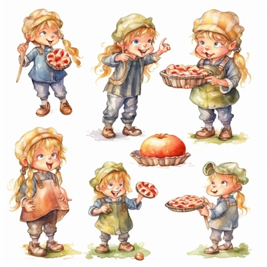 multiple poses characters of pie apple put on the garden, watercolor in medieval cartoon grunge style clipart on white background