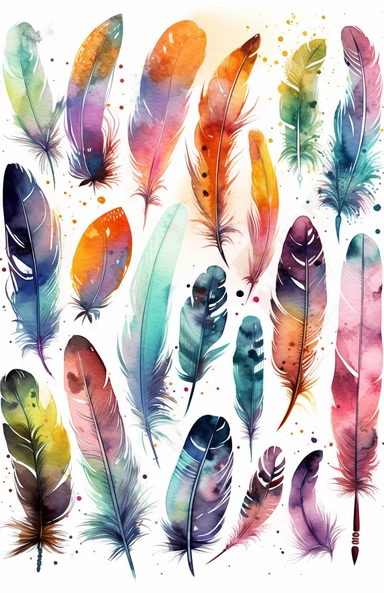 colorful hand drawn feather quill clipart set, sticker sheet, vector clipart, watercolor in the style of Lois Van Baarle and Craig Mullins, in the style of Pixar, realistic hyper-detail on white smooth background with margins