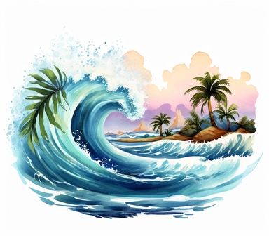 Cute Beautiful Wave Beach Tropical Watercolor Sublimation Clipart,Cartoon, hyper realistic, intricate detail, illustration style,high solution,on the white background , 32k resolution, ultra high definition